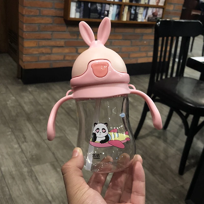 280ml Cute Rabbite Baby Feeding Bottle BPA Free Children Learn Drinking Straw Water Bottles Kids Training Cup w Handle&Sling