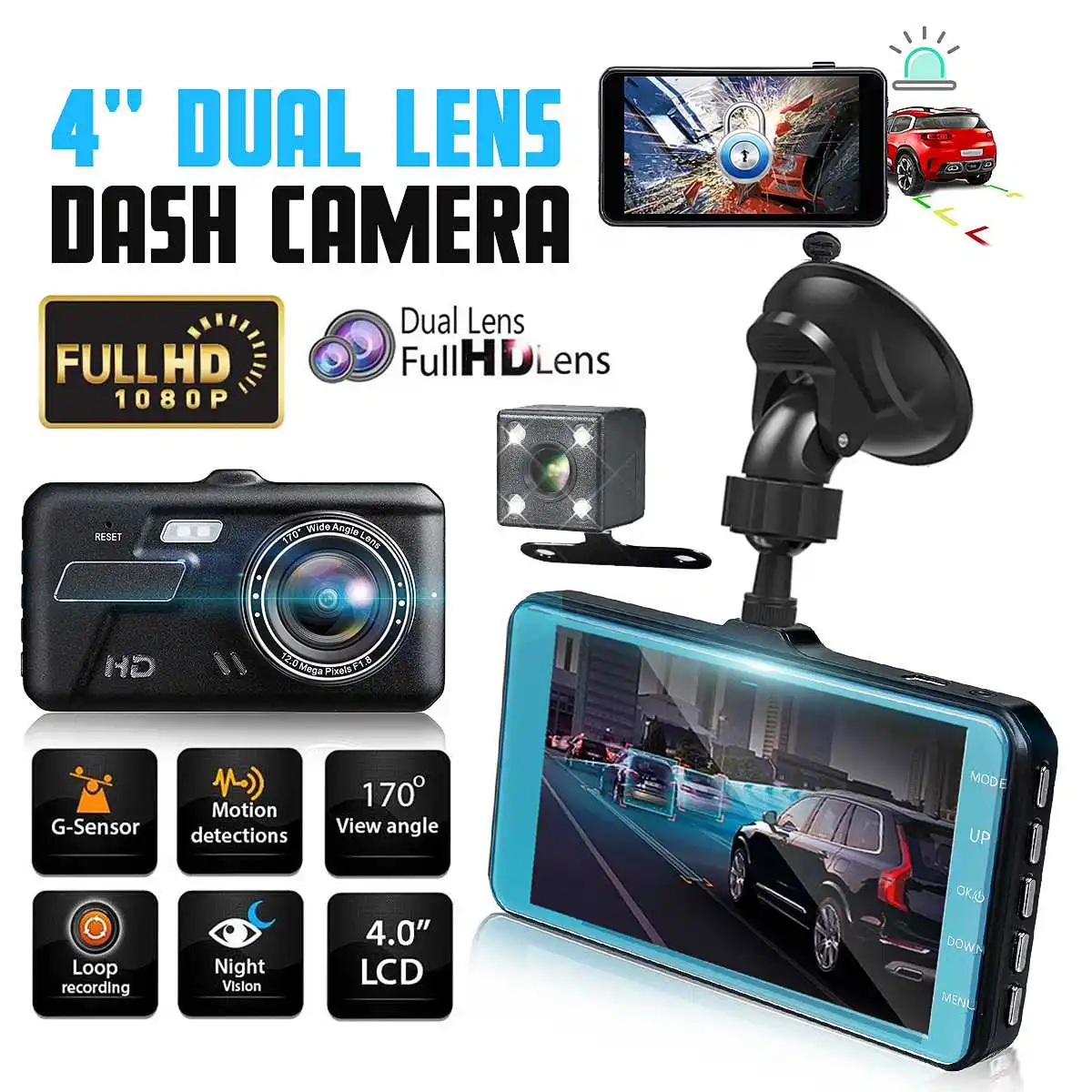 4 ''двойной объектив камеры HD 1080P 170 ° Автомобильный видеорегистратор передний видеорегистратор с камерой на задней панели