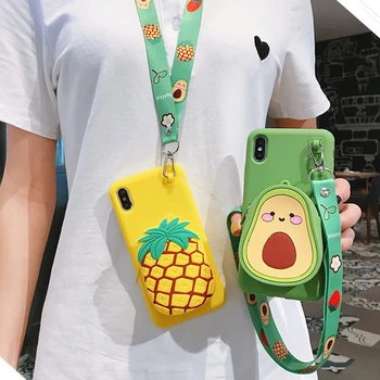 

3D Cute Avocado Pineapple Strawberry Wallet lanyard Phone Case For iPhone 8 XR Case 6 7 Plus X XS Max Soft silicone Strap Cover