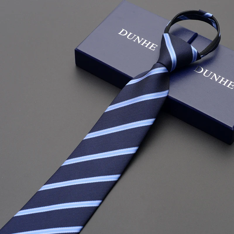 High Quality New Designers Brands Fashion Business Casual 8cm Ties for Men Blue Striped Zipper Necktie Formal with Gift Box