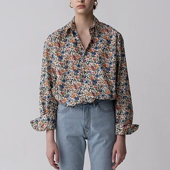 

VERDEJULIAY European Milan Fashion Sweet Lady Flower Blouse Oversize Runway Design High Quality 100% Cotton Floral Print Shirt