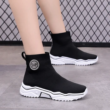 

2019 New Women Boots Knitting Flat Platform Ladies Sock Shoes Breathable Soft Casual Comfortable Autumn Female Sneakers