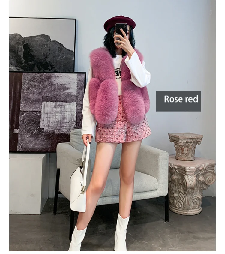 ZDFURS* Natural Real Fox Fur Vest 50 cm Winter Short Thick Women Fur Vest Sleeveles Jacket Pockets Real Fur Vest Coats Slim Park