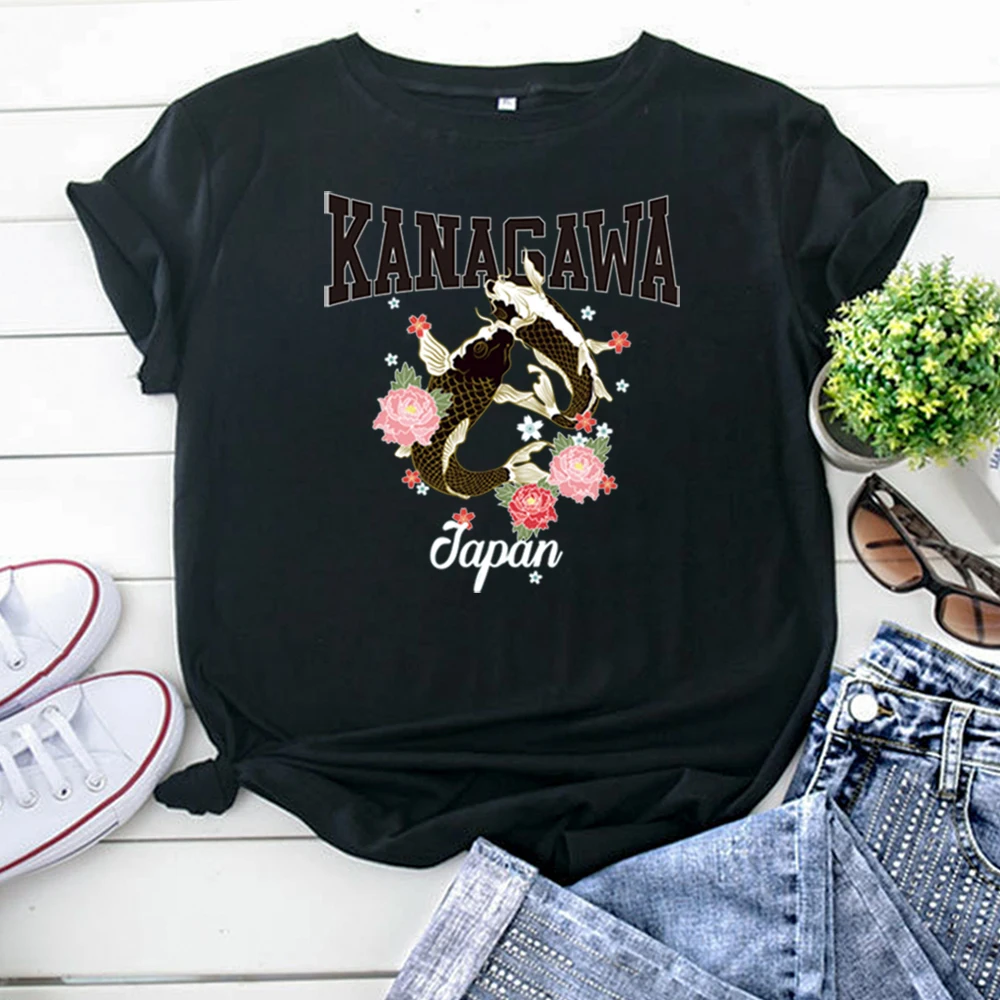 T Shirts Japanese Auspicious Fish Peony Printing Woman T Shirts Gothic Crewneck Short Sleeve Kawaii Vintage T-Shirts For Women