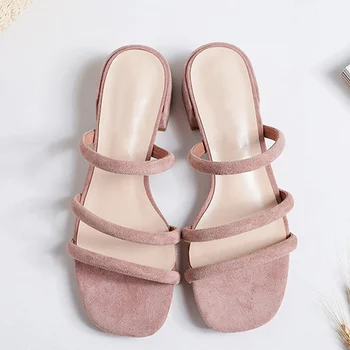 

New Women Summer Slip On Open Toe Slippers Women Flock Chunky Heels Casual Shoes Female Fashion Ladies Elegant Footwear 2020