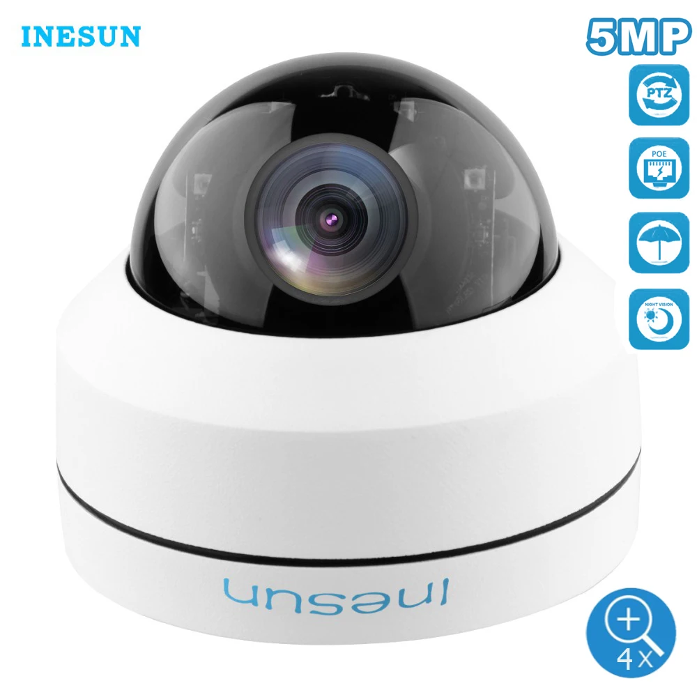 Inesun Outdoor Security Camera 2MP 5MP PoE IP Dome Camera Pan/Tilt 4X Optical Zoom PTZ Camera Waterproof with Motion Detection