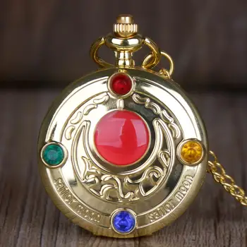 

Vintage Japan Anime Sailor Moon Quartz Pocket Watch Pendant With Diamond Gold Clock with Fob Chain Gift For Men Women