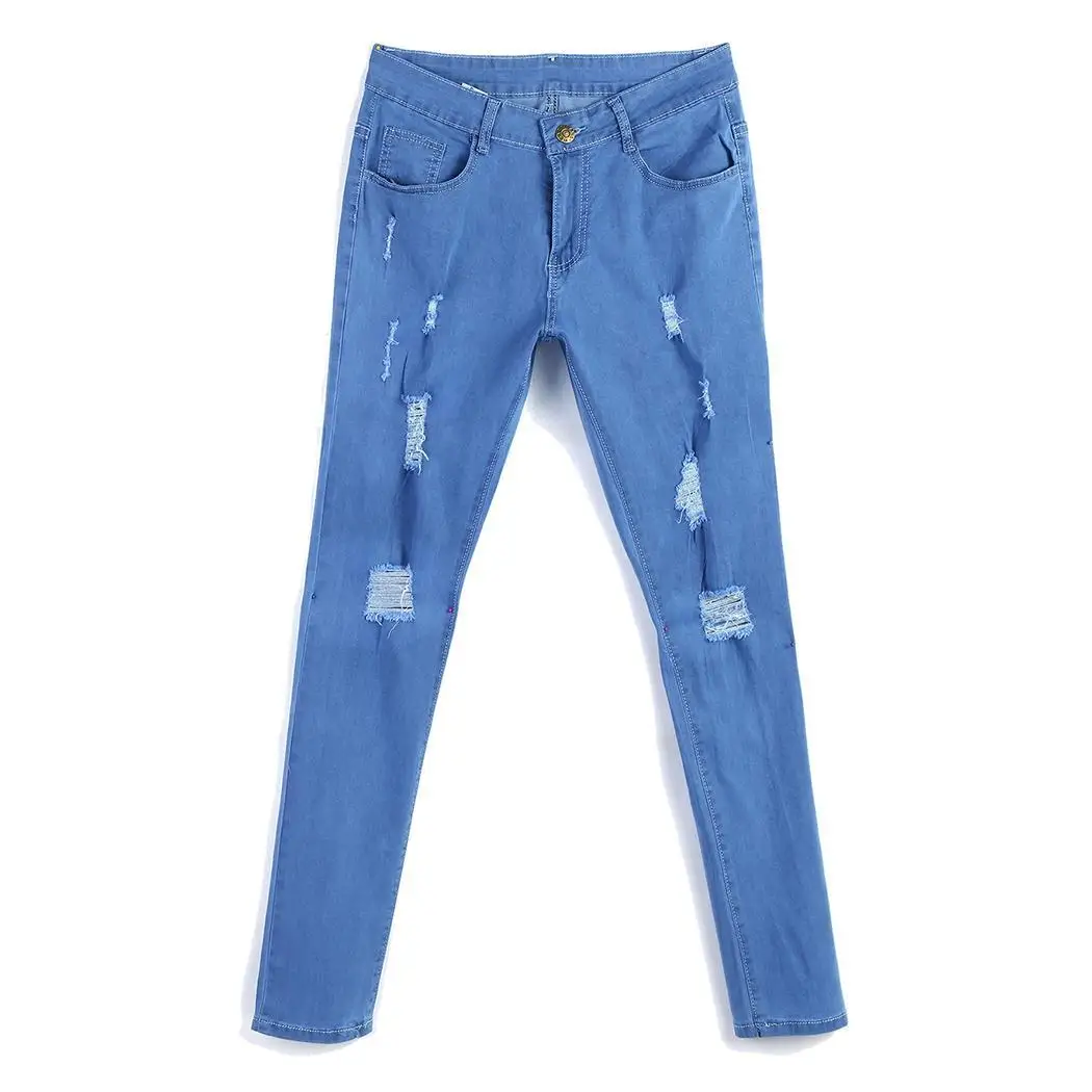 Pria Robek Lubang Denim Skinny Sedikit 