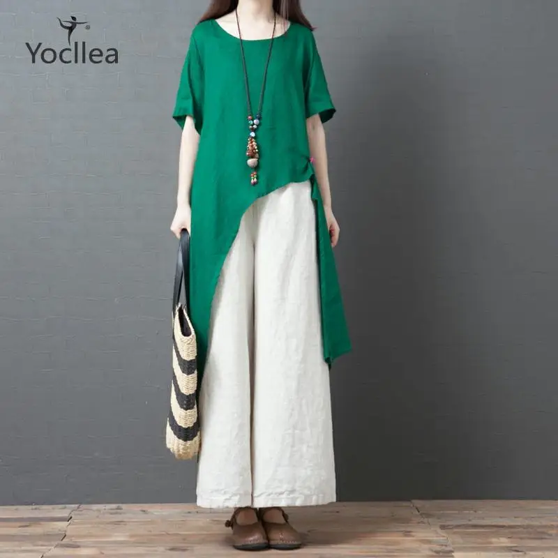 

Plus size Casual Women's sets Two pieces set irregular Shirt Tops + Wide Leg Pants Loose women cotton Linen suits summer