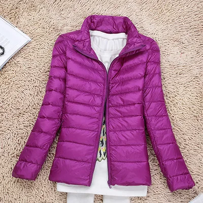 S~ 7XL размера плюс Женский легкий пуховик пальто 90% белый утиный пух пальто женское зимнее пальто с капюшоном с длинным рукавом теплое тонкое зимнее пальто - Цвет: Purple  2