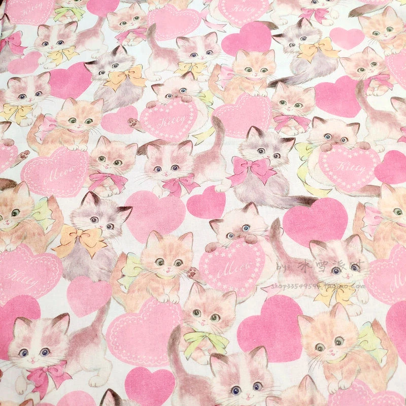 Tecido de gato de desenho animado por jarda, tecido de estofamento de gatos  fofos, tecido decorativo de animais selvagens Kawaii, linha desenhada à mão  abstrata tecido interno e externo, rosa verde, 2