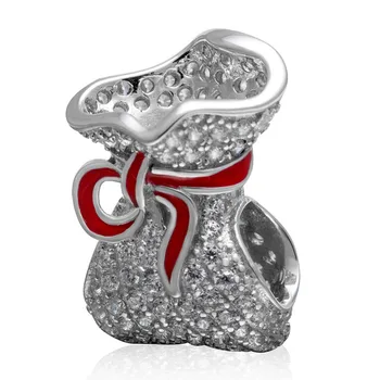 

Fit Pandora Bracelets A Small Bag with a Red Ribbon Original 925 Sterling Silver Charms with White CZ Stone DIY Bead Jewelry