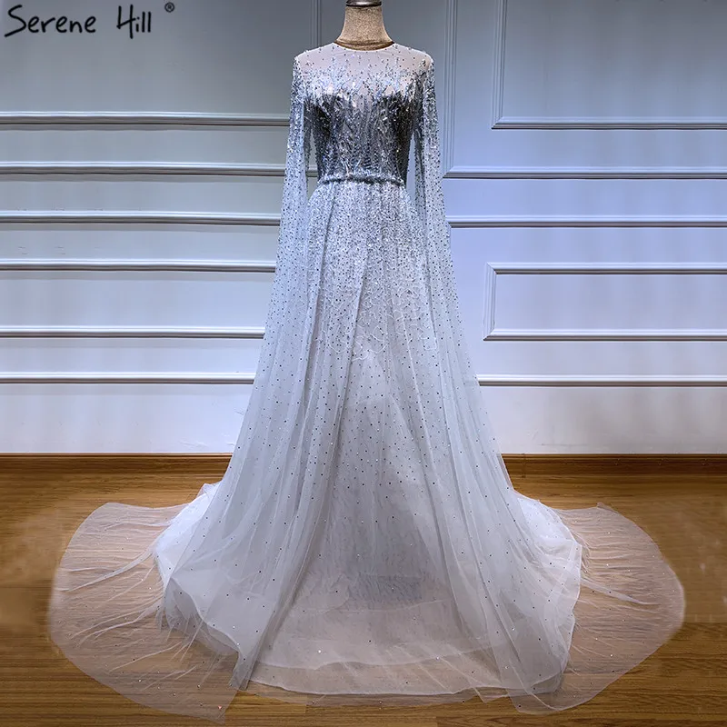 Новейший дизайн, сексуальное вечернее платье трапециевидной формы с круглым вырезом, серебристо-серое роскошное вечернее платье с плавающим рукавом