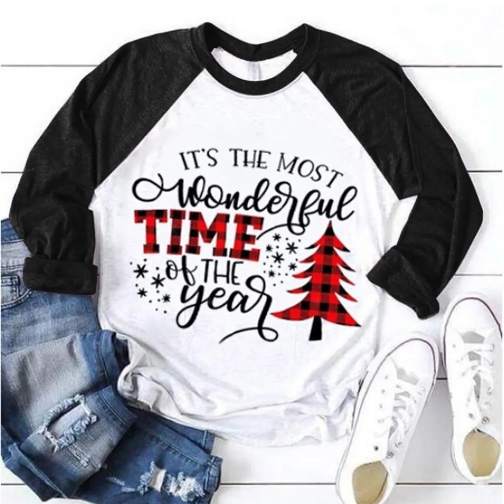 Christmas Tree Letter Print T Shirt For Women Xmas Merry Christmas New Year T Shirt Ladies Patchwork Pullover Tops T-Shirts