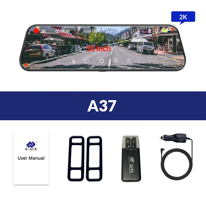 E-ACE A37 Car Dvr 10 Inch Stream Media RearView Mirror 2K Quad HD 1440P Car Camera Night Vision Video Recorder Dual Lens Dashcam - Название цвета: A37