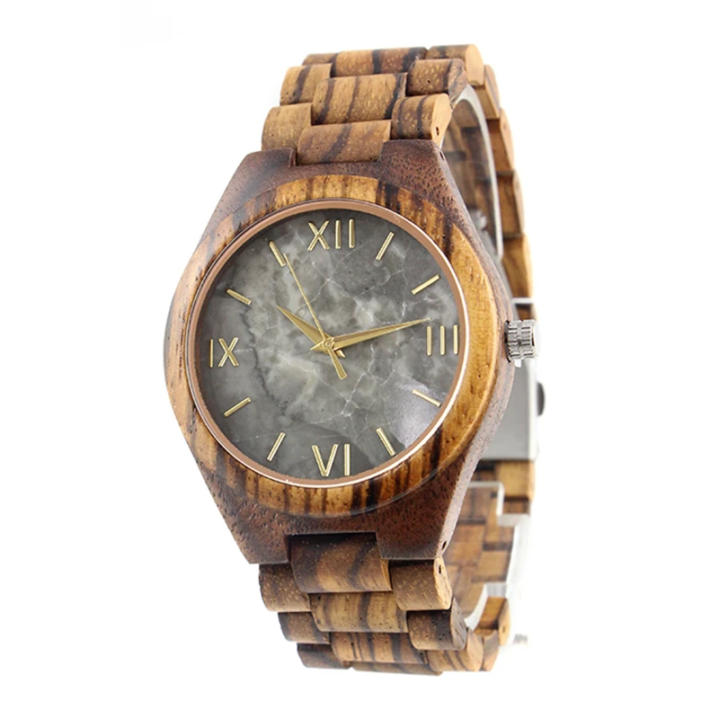 

dropshipping handemade marble dial engravable men's sturdy zebra wooden wrist watch with all zebrawood strap