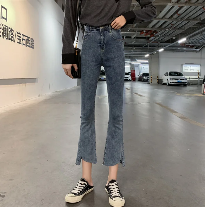 Autumn new large size high waist irregular jeans micro bell pants women thin nine pants jeans mujer