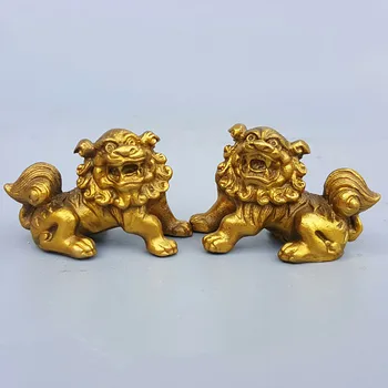 

Lucky Chinese Fengshui Pure Brass Guardian Foo Fu Dog Lion Statue Pair metal crafts decor
