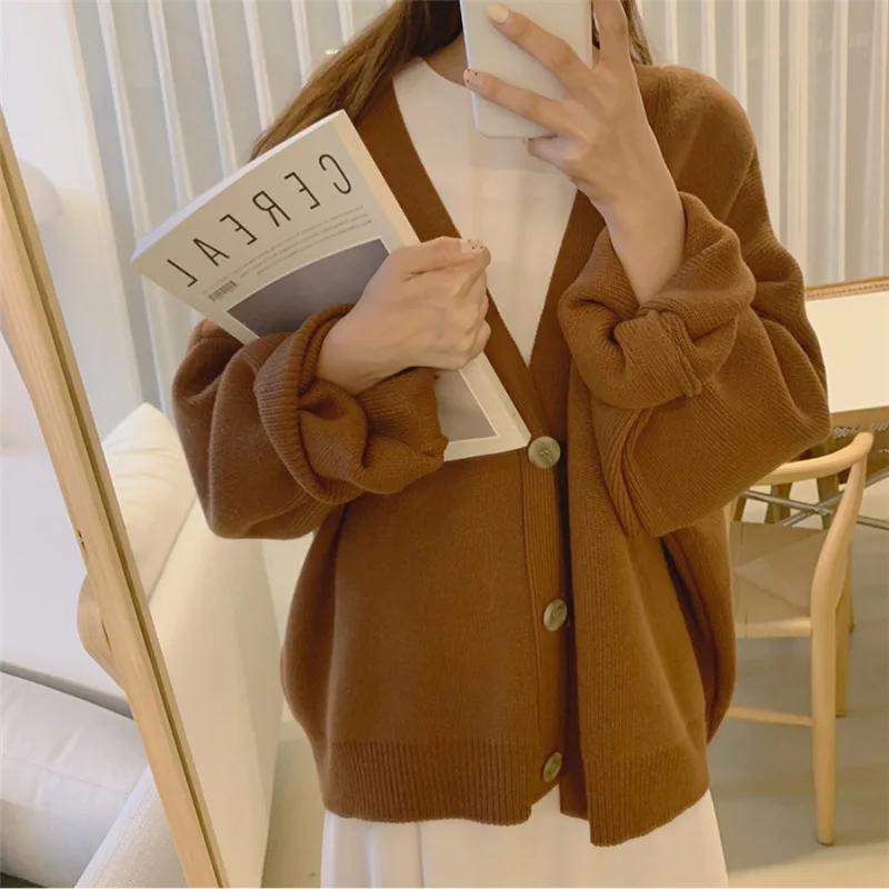 Autumn New Arrival Sweet Gentle Solid Color Loose Single-breasted Student Long-sleeved Knit Sweater Female Free Shipping - Цвет: Коричневый