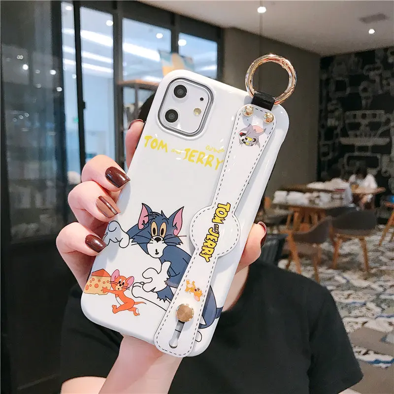 only case Мягкий чехол с мультяшным рисунком для iPhone 11 Pro Max XS, XR, X, 8, 7, 6, 6S Plus, ремешок на запястье, TPU чехол, держатель, кольцо, ремешок, кот, Том, Джерри, Япония, Корея - Color: only case