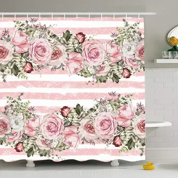 

Shower Curtain Set with Hooks 72x72 Floral Wrapper Pattern Wrapping Watercolor Pink Flowers Leaves On Abstract Drawn Nature