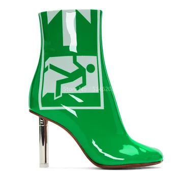

New Luxury Brand Women Shoes Green Patent Lighter High Heels Round Toe Stiletto Heels Shoes Woman Exit Ankle Boots
