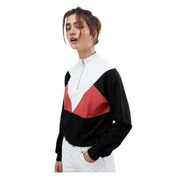

Women Sweatshirt Autumn Long Sleeve Patchwork Splcing Color Stand Collar Zipper Sweatshirts Casual Pullover Tops Streetwear