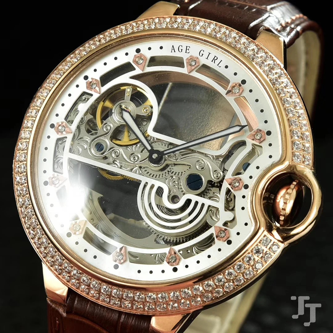 Famous Brand New Men Black Brown Leather Diamond Bezel Automatic Mechanical Watch Stainless Steel S