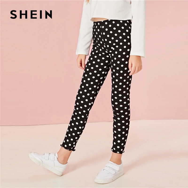 SHEIN/черные леггинсы с узором в горошек и каймой «салат»; детские штаны; коллекция года; сезон осень; повседневные узкие брюки с эластичной резинкой на талии для подростков