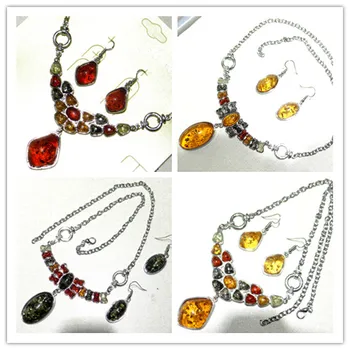 

wholesale Natural Precious Modernist TEARDROP GOLDEN HONEY PRESSED AMBERS NECKLACE Jewelry making earring necklace 1set A6