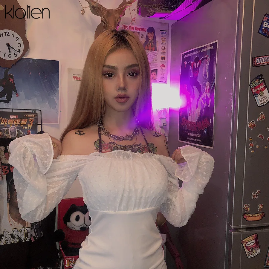

KLALIEN White Hollow Out Lace Up Backless Square Collar Patchwork Mesh Long Sleeve Women Dress 2019 Autumn Fashion Bodycon Dress