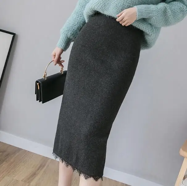 gray skirt Эластичное осенне-зимнее офисное платье-карандаш юбка для работы плотный эластичный разрез до талии сексуальная Корейская трикотажная и кружевная Женская юбка - Цвет: gray skirt