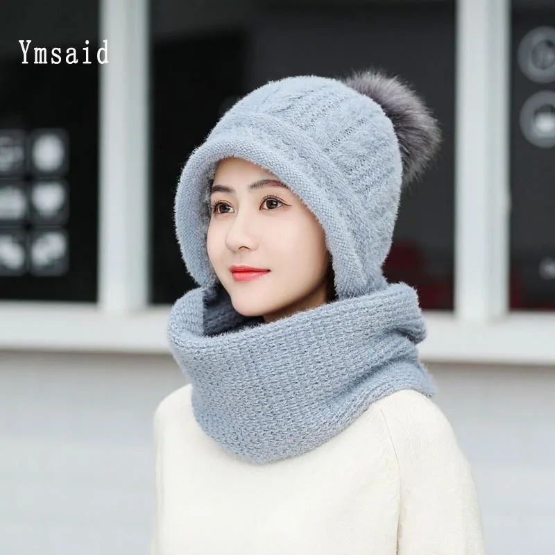 

Hot Ski Girl 2019 New Brand Women Thick Warm female Winter Beanie Hat Scarf Set Ladies Knitted Rabbit hair Hat Scarf Winter Set