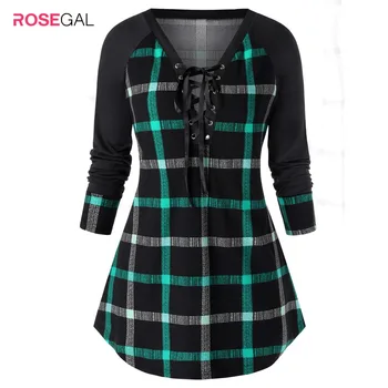 

ROSEGAL Women 2020 Spring Plaid Shirts Long Sleeve Stand Collar Lace Up Plunge Blouses Shirt Office Lady Cotton Tunic Casual Top