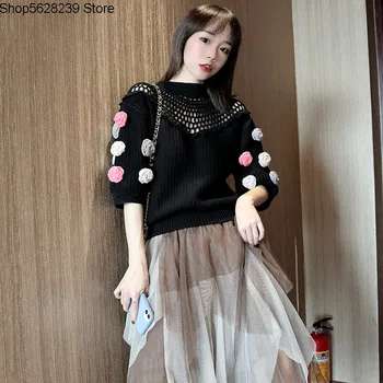 

19 Three-dimensional Spend Half Gao Collar Black Hollow Out Bubble Five Points Outside The Sleeve Wear Knitting Shirt Sweater