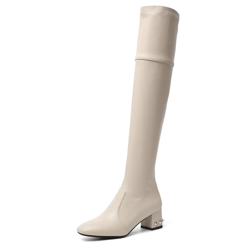 FEDONAS/Новинка; Клубная обувь на высоком каблуке с заклепками; женские зимние теплые высокие сапоги для верховой езды; женские сапоги до колена из натуральной кожи