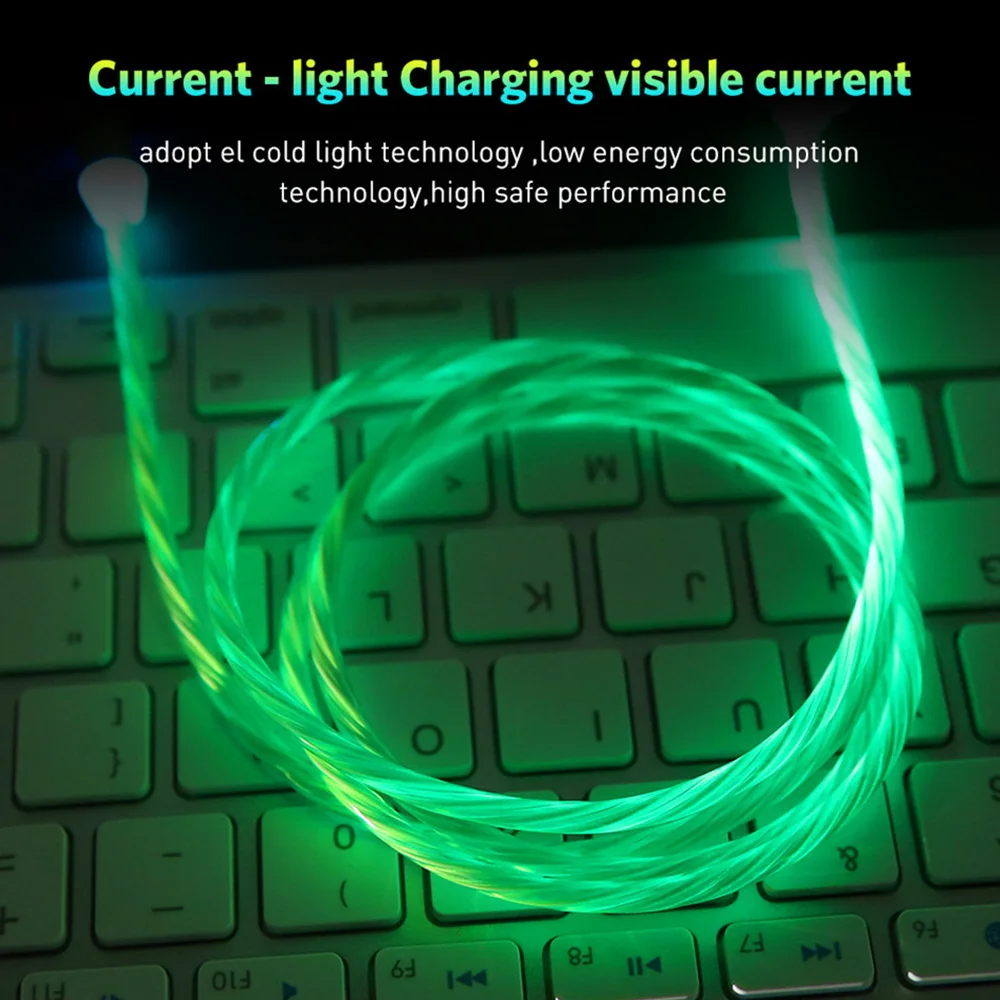 1 м Магнитный зарядный кабель для мобильного телефона usb type C поток светящееся освещение кабель для передачи данных для iphone Samaung huawei светодиодный
