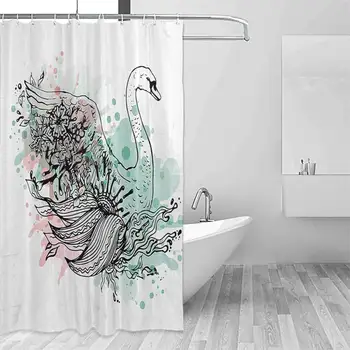

Shower Curtain with Hooks Animal Hand Sketch Swan Bird Floral Details and Color Splashes Watercolors Panel Design W40 xL72 Mint