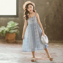 Летнее Длинное Платье для девочек; коллекция года; элегантные платья принцессы с цветочным рисунком для девочек-подростков; шифоновое платье на бретельках для девочек; детский пляжный Сарафан