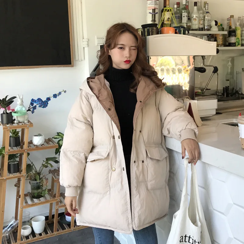 

2018 Winter New Style Korean-style Loose-Fit Contrast Color Hooded Hand Cotton of Double Breasted Mid-length Thick down Jacket C