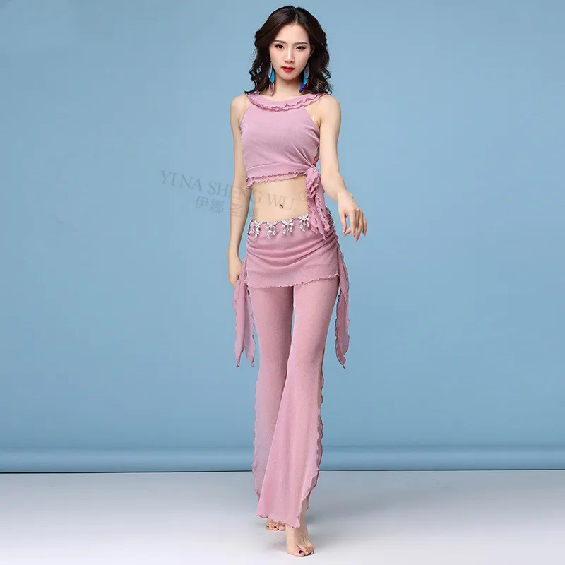 2pcs Pink Женский набор костюма для танца живота сексуальная модная танцевальная одежда для занятий вилкой брюки юбка одежда для латиноамериканских танцев Новинка 2 шт топ+ брюки - Цвет: 2pcs Pink