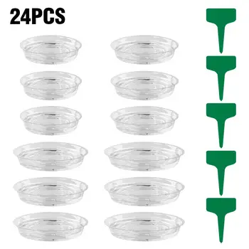 

24Pcs Transparent Plastic Plant Flower Saucers Cushions with Labels Tags Indoor Flower Planter Pot Trays Home Garden Supplies