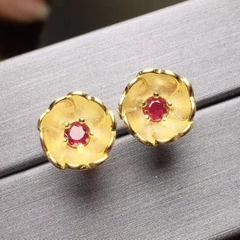 

Per jewelry Natural real ruby or emerald flower stud earring 0.15ct*2pcs gemstone 925 sterling silver Fine jewelry T203265