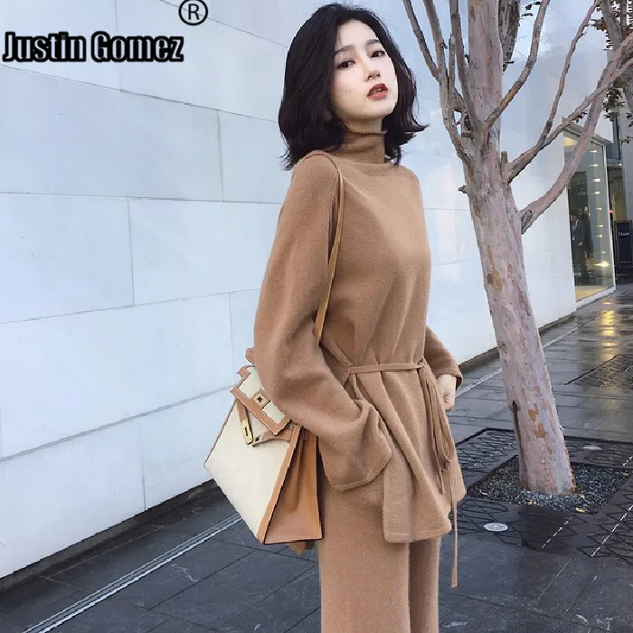 

Hot Selling Elegant Turtleneck Sweater Knitted Wide Leg Pants 2 Piece Set Autumn Casual Streetwear Plus Size Clothes for Women