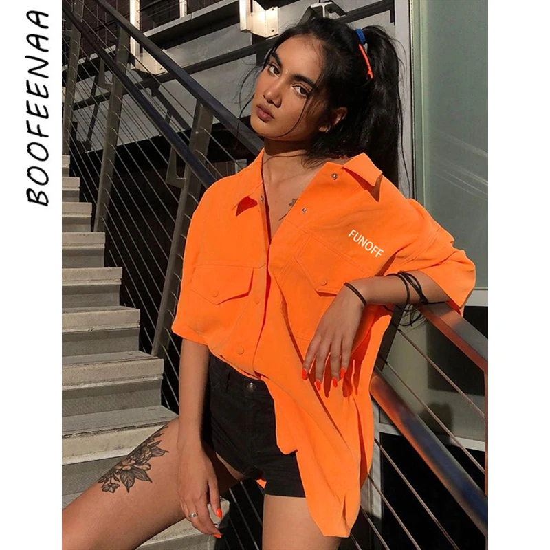 BOOFEENAA Letter Print Neon Orange Oversized T Shirts for Women Streetwear Loose Casual Short Sleeve Button Up Blouse C84-AE44 BOOFEENAA Letter Print Neon Orange Oversized T Shirts for Women Streetwear Loose Casual Short Sleeve Button Up Blouse C84-AE44