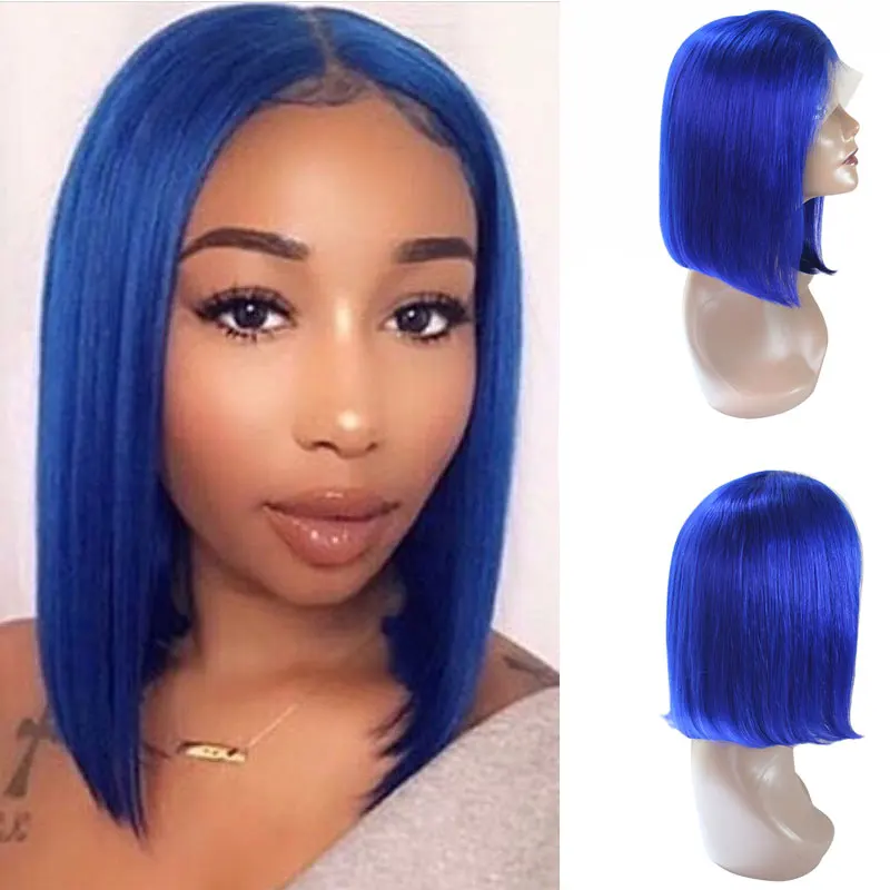 Dark Blue Блондинка красный, розовый и Цветной 13X4 Синтетические волосы на кружеве парики из натуральных волос с Африканской структурой прямо Боб Короткие парики из натуральных волос с Африканской структурой, 613 Синтетические волосы на кружеве парик 150% плотность 9A м - Цвет: Dark Blue