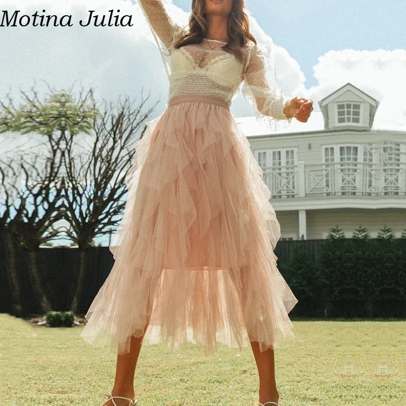 Юбка женская кружевная с оборками и высокой талией на осень | Женская одежда