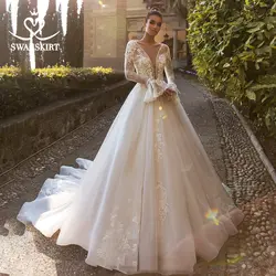 Сексуальное свадебное платье с v-образным вырезом 2019 Swanskirt новое платье с вышивкой и открытой спиной А-силуэта с расклешенными рукавами