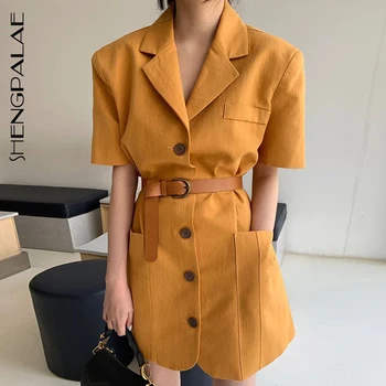 

SHENGPALAE 2020 New Summer Women Vintage Loose High Waist Slim Was Thin Elegant Single-breasted Suit Collar Dress ZA4260