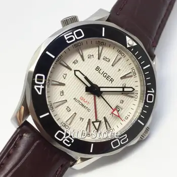 

Bliger 41mm Stainless steel case white dial Luxury mechanical waterproof leather strap leisure style GMT Automatic men watch